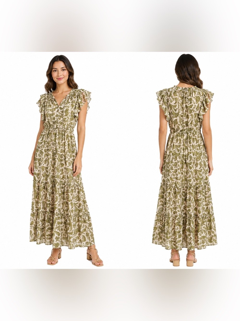 BB Dakota Olive Paisley Maxi Dress with Ruffle Sleeves